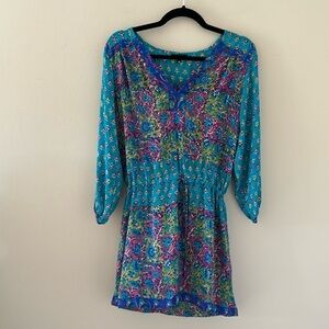 Tolani 100% Silk Colorful Printed V-Neck Tunic Dress Drawstring Waist Sz XS Boho
